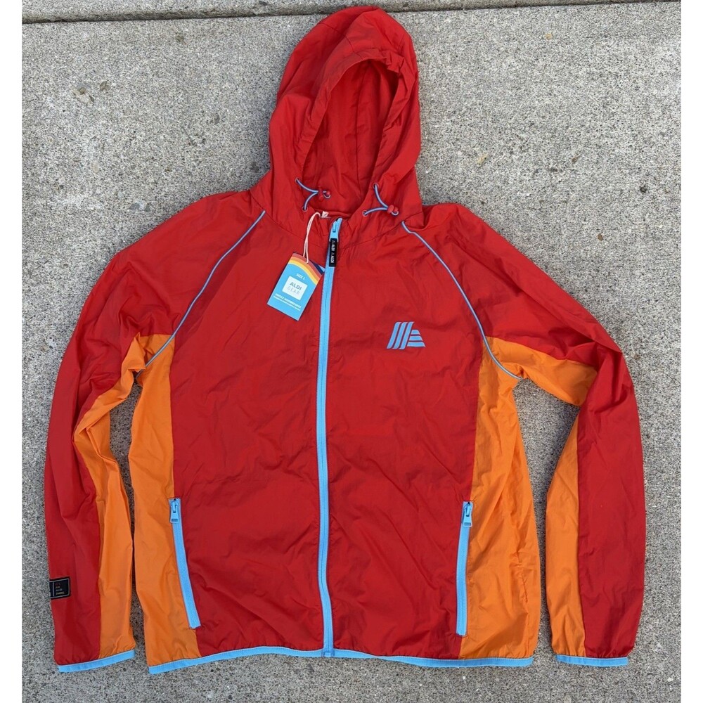 Aldi Gear Aldi’s Jacket Large Red Orange Blue Hooded Full Zip Windbreaker New